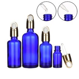 Empty Glass Blue Bottle Round Shoulder Gold Basket Screw Lid White Top Essential Oil Dropper Vials Refillable Cosmetic Container 5ML 10ML 15ML 20ML 30ML 50ML 100ML