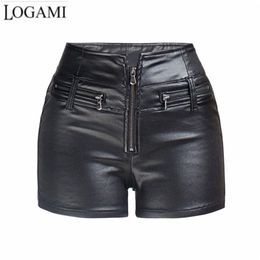 LOGAMI High Waist Pu Leather Shorts Women Zipper Moto & Biker Shorts Skinny Black Summer Autumn 220419