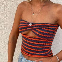 CHRONSTYLE Strapless Knitted Tube Crop Top Vest Women Hollow Out Sleeveless Summer Autumn Backless Y2K Tank Vintage Fashion W220408