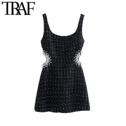 TRAF Women Fashion With Pearl Beads Hollow Out T Mini Dress Vintage Backless Zipper Wide Straps Female Dresses Vestidos 220402