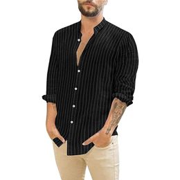Men's T-Shirts Men Long Sleeve Shirts Striped Lapel Collar Cotton And Linen Casual Loose Blouse Male Clothes Chemise HommeMen's