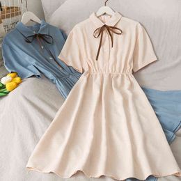 Abito Donna Chiffon Fiocco Solido Vita alta Colletto rovesciato Stile preppy Kawaii Ulzzang Temperamento popolare Ragazze Vacanze estive Y220401