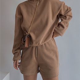 Women High Quality Hoodies Tracksuits 2 Piece Set Summer Autumn Sweatshirt + Sporting Shorts Outfit Solid Pants Suit 220509