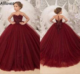 Furs Burgundy Princess Flower Girl Dresses Lace Beaded Puffy Little Girl's Pageant Ball Gown Sheer Neck Kids Children Formal Party First Communion Dress CL0967