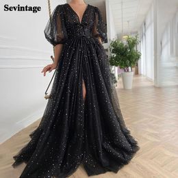 Sevintage preto estrelado tule baile vestidos de mangas meio sopadas vestidos de festa de casamento preús split sweew sweep long bail vestidos cinturão 220429