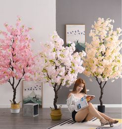 100cm Home Artificial Fake Cherry Tree Bonsai Floor Decor Living Interior Room Pink Fake Plants With Pot Simulation Flowers