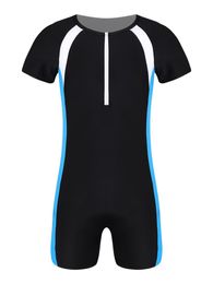 Women's Swimwear Men One-piece Simwear Short Sleeves Front Zipper Closure Colorblock Patchwork Jumpsuit Swimming Suit Triathlon Wetsuit