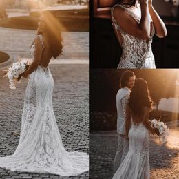 V Neck Lace Mermaid Wedding Dresses 2022 Illusion Beaded Backless Sweep Train Beach Boho Wedding Bridal Gowns BC12888