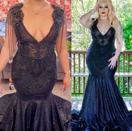 2022 Plus Size Arabic Aso Ebi Black Mermaid Luxurious Prom Dresses Beaded Crystals Evening Formal Party Second Reception Birthday Engagement Gowns Dress ZJ553