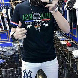 Western Fashion Style Men's T-Shirts 2022 Summer New Letter Printing Crown Pattern Embroidery Design Short Sleeve Mercerized Cotton Cuffs Patchwork O-neck Tees M-4XL