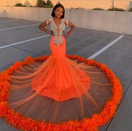 HOT! New Arrival Orange Mermaid Prom Dresses Lace Beads Crystal Feather Formal Evening Dress 2022 Deep V Neck African Robes De Soirée