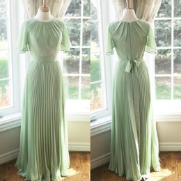 Elegant Mint Green Chiffon Mother Of The Bride Dresses Guest Beach Wedding Party Gowns Pleats A Line Long Evening Dress Short Sleeve Groom Mom Formal Wear 2022