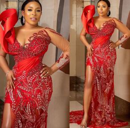 Plus Size Arabic Aso Ebi Red Mermaid Luxurious Prom Dresses Sheer Neck Evening Formal Party Second Reception Birthday Engagement Gowns Dress ZJ