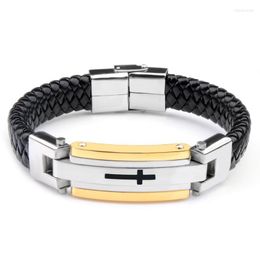 Charm Bracelets Genuine Leather Braided Stainless Steel Clasp Cross Pattern Strap Black Bangles For Men Fashion GiftCharm Inte22