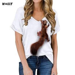 Damen Eichhörnchen-T-Shirt, hübsches Grafik-T-Tier-3D-Druck, Baumwolle, V-Ausschnitt, niedliche Tops, Mädchen, Haustier-T-Shirts 220328