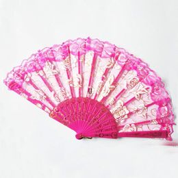 Lace Dance Fan Show Craft Folding Fans Rose Flower Design Plastic Frame Silk Hand Fan GCE13670