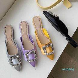 Summer Women Slippers Baotou Pointed Toe Rinestone Casual Flat Mules Outdoor Ladies Beach Female Slides Shoes Flip FLo 6663