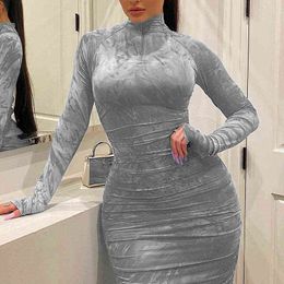 Women's Bodycon Dress Pleated Elegant Long Sleeve Party Dresses for Ladies Sexy Tight Female Clothing Evening Plus Size 5XL Y220401