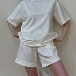 Wotwoy verão algodão casual tshirt e s duas peças conjunto feminino sólido manga solta camisetas cintura elástica calças curtas 220712