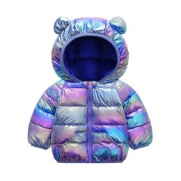 cute baby girl jacket rainbow Glossy kids boy fashion jacket with ears winter hooded jacket for girls baby boys clothes LJ201130