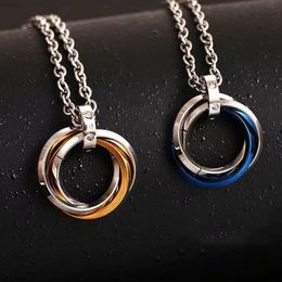 silver circle ring NZ - Crystal Diamond Pendant Necklaces Mens Rose Gold Silver Black Blue Rainbow Fashion Stainless Steel Three Round Circle Ring Necklace Hip Hop Jewelry Gifts Never Fade