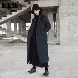 EAM Spring Stand Collar Long Sleeve Solid Color Black Vent Cottonpadded Big Size Coat Women Fashion JD16 201027