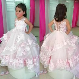 2022 Cute Pink Flower Girl Dresses for Wedding Lace 3D Floral Appliqued Little Girls Pageant Dress Tiered Skirts vestidos de desfile de nina B051708