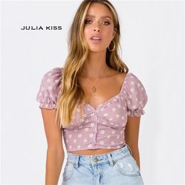 Women Sweetheart Neckline Button Up Crop Top with Puff sleeves Little Daisy Crop Blouse LJ200811