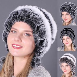 Beanie/Skull Caps Woman Natural Faux Fur Hat Rose Pattern Hair Ball Wire Fabric Lining Multiple Colour Options Winter Warm Pros22