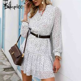 Elegant polka dot ruffled a line mini dress spring Lantern sleeve sash stand collar dresses women Casual white dress new 210322