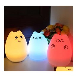 Night Lights Colorf Cat Sile Led Light Rechargeable Touch Sensor 2 Modes Children Cute Lamp Bedroom Drop Delivery Lighting Indoor Dhqyx