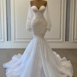 2022 elegante Weiße Meerjungfrau Brautkleider Brautkleider Perlen Spitze Applique Nigerian Arabisch Ehe Kleid Robe De Mariee