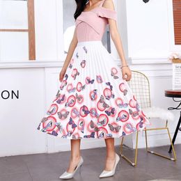 Skirts 2022 Summer Womens Butterfly Catroon Print Empire High Waist Elastci Pleated Midi Skirt European Street Style