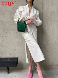 TTQV Sexy White Midi Dress Ladies Fashion Lace-up Long Sleeve Slit Dress Casual Loose Cotton Elegant Dresses For Women 2022 T220804
