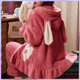 Plus Size Warm Women Pyjamas Hooded Cartoon Thicker Nightgown Plush Coral Fleece Nightwear Winter Thick Home Clothes Pijama L220803