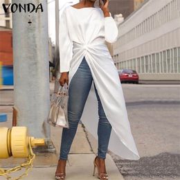 VONDA Asymmetrical Tops Women Long Sleeve Sexy Split Hem Blouse 2019 Autumn Long Shirts Cocktail Party Tops Plus Size Vestidos T200321