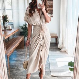 Foridol Ruched Elegant Women Causal Shirt Satin Dress Party Half Sleeve Button Sash Maxi Long Gold Autumn 220511