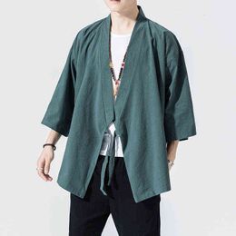 Men Cotton Linen Shirts Men Kimono Traditional Open Stitch Shirt Male Three Quarter Sleeve Shirt L220706