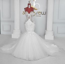 Elegant Bridal Gowns Lace Aso Ebi Wedding Dresses 2022 Straps Beads Mermaid Plus Size Tulle Sexy Sweetheart Simpe Vestido De Noiva