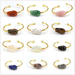 Hexagonal Gemstone Cuff Bracelet for Women Girls Handmade Gold Wire Woven Lift of tree Healing Chakra Crystal Friendship Bangle Charms Jewelry