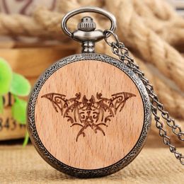 Pocket Watches Arrival 2022 Engraved Flying Bat Round Wood Decorative Quartz Watch Grey Black Necklace Pendant Clock CreativePocket