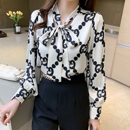 Lace-up Bow Letter Print Women Shirt Lantern Long Sleeve Chiffon Blouse V-Neck French Button Versatile Base Layer Loose Casual