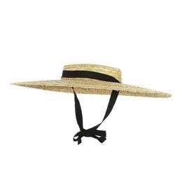 Raffia Wide Boater 12/15/18cm Brim Straw Flat Women Summer With White Black Ribbon Tie Sun Hat Beach Cap