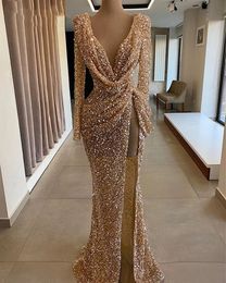 Dubai Gold Sparkly Sequin Evening Dresses 2022 Sexy V-neck High Slit Long Sleeve Women Party Night Long Mermaid Prom Dresses