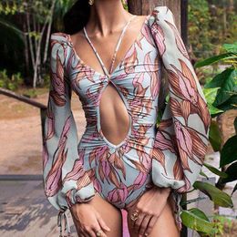 Women's Swimwear Sexy V-Neck Bandage Printing Long Sleeves Women's Suit Surf Wear Push Up Micro Swimsuit 2022 Luxury Shorts BourkiniWome