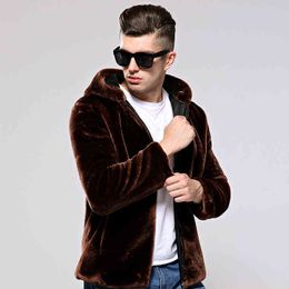 Fashion Brown Faux Fur Coat Thick Fur Fluffy Warm Jacket Men Plus Size Hooded Long Sleeve Jacket Winter Loose Casual Male Top 4XL L220725