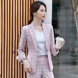 Temperament Women's Plaid Suit Pants Sets Autumn high quality slim plaid ladies jacket suit Casual trousers Twopiece 2019 New T200818