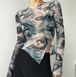 Fashion Print Mesh Tee Women T-shirt Long Sleeve Crew Neck Slim Fit Split Crop Top Casual Street Irregular Pullover Tops