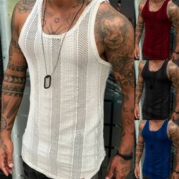 Tank Top Men Lace Hollow Out Sleeveless Shirts Summer Fashion Mens Clothing Streetwear Casual Male Tshirts Solid Colour Vest Tops 220527