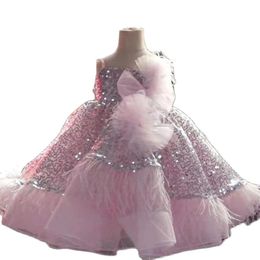 Girl's Dresses Puffy Baby Girl For Birthday Party Sequined Top Feather Edge Tiered Kid First Dress Size 9M 12M 18M 24MGirl's